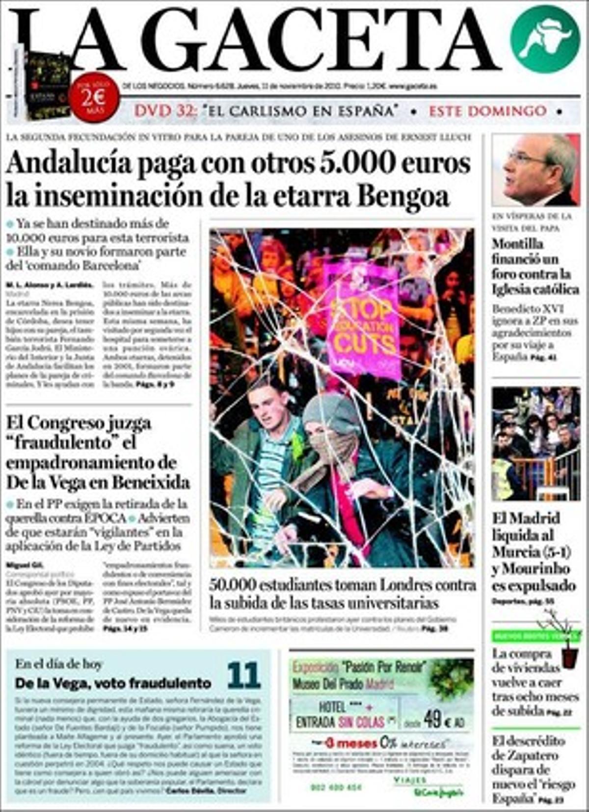 ’La Gaceta’ realça en pàgines interiors que Iñigo Urkullu exigeix a Brussel·les a la Unió Europea fons per reinserir presos d’ETA.