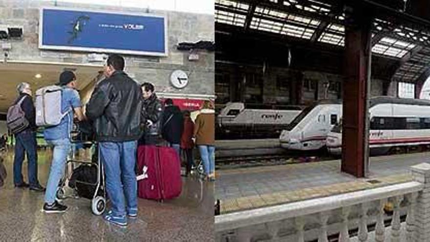 Pasajeros en la terminal de Alvedro y trenes en los andenes de la estación de San Cristóbal.