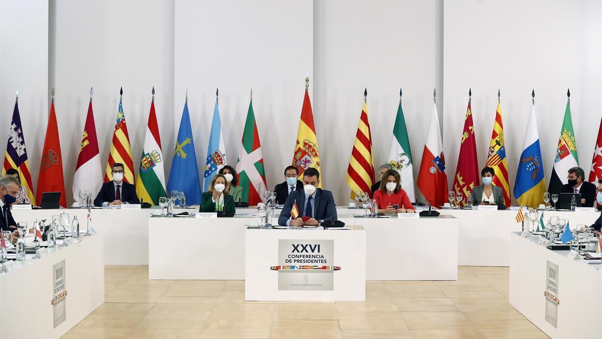 El presidente del Gobierno, Pedro Sánchez, durante su intervención en la reunión de la XXVI Conferencia de Presidentes.