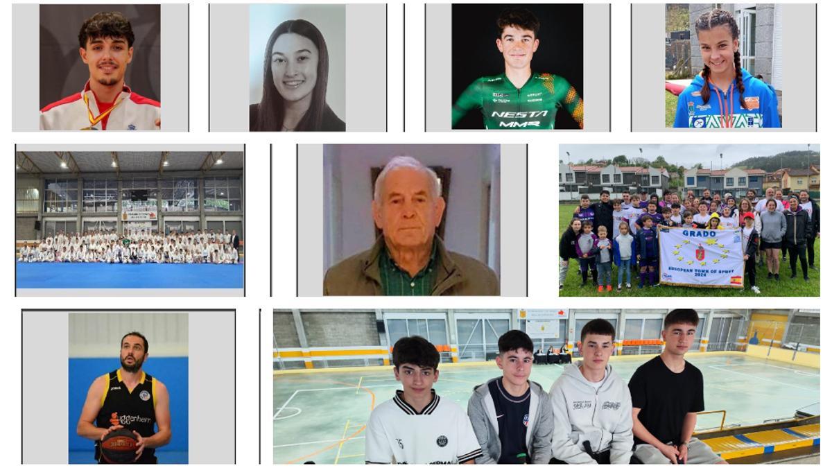 Arriba, Borja Gutiérrez, Clara Díaz, Martín Fernández y Zoe Álvarez. En el centro, karatecas del Gimnasio Lino, Antón Velasco y un grupo del Pilier Rugby Club. En las imágenes inferiores, Pablo Rodríguez y el grupo de Pelayo Díaz, Álvaro Fernández, Sergio Álvarez y Jorge Cuervo.