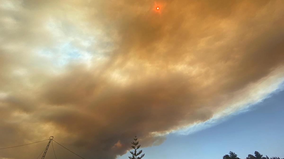 La densa humareda y las cenizas del incendio tapan el sol en Coín, en el Valle del Guadalhorce