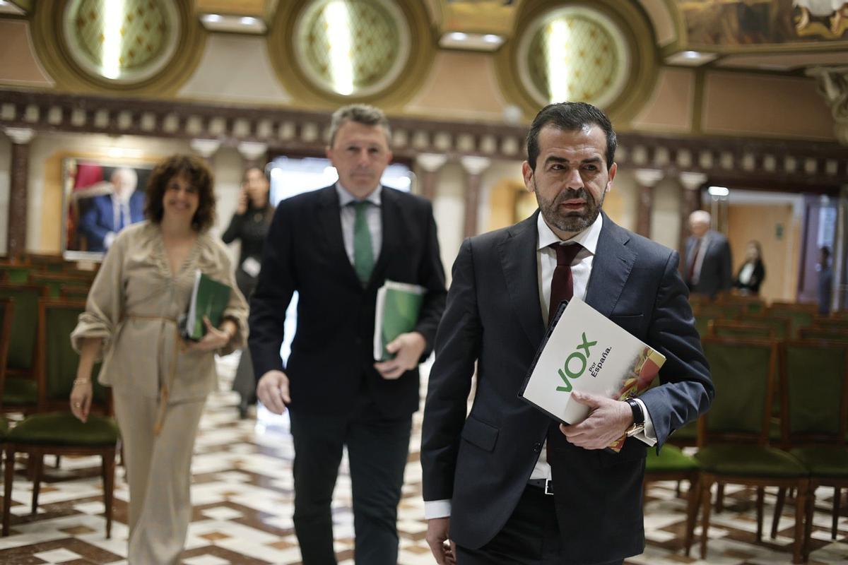 El Grupo Parlamentario Vox llegando al salón de plenos momentos antes de iniciarse la sesión en la Asamblea.