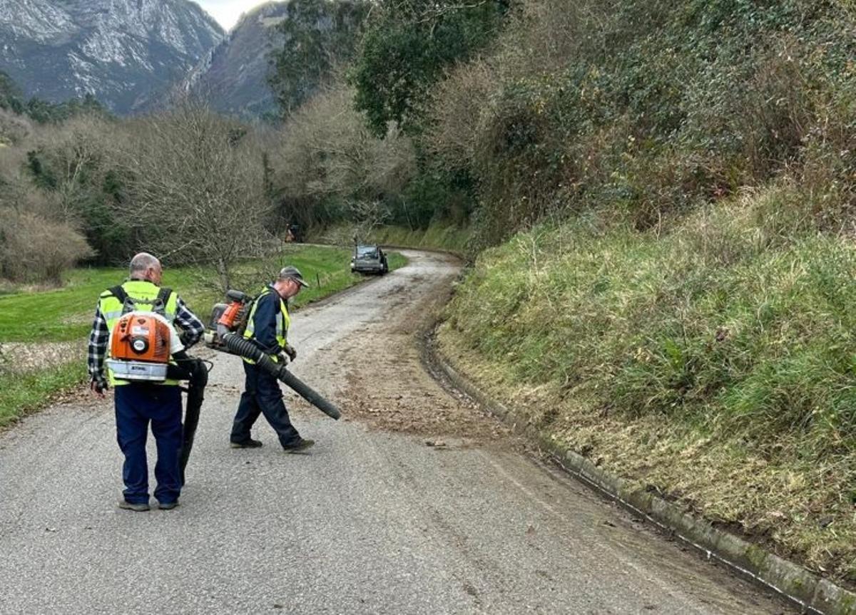 Operarios municipales limpian una carretera riosellana. | A. R.