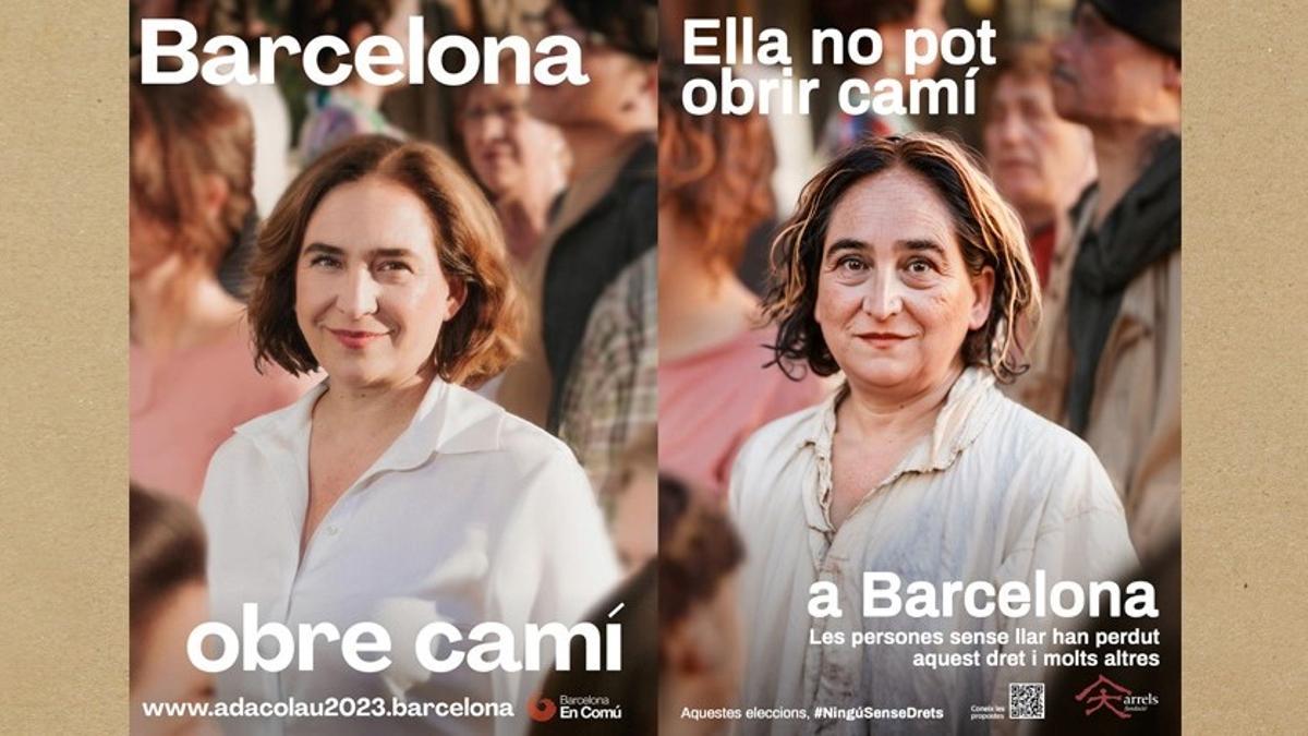 El cartel electoral de Ada Colau y la versión con una alcaldable sin techo, por la fundación Arrels