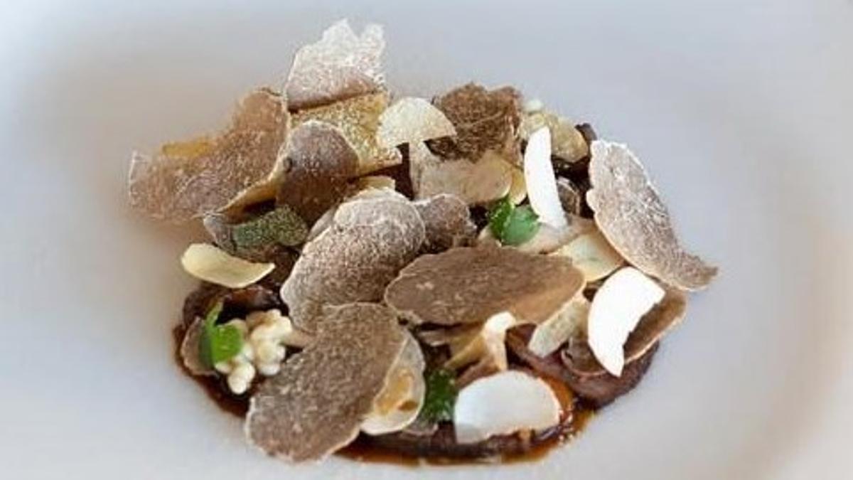 'Wagyu' soasado, hojas de setas, castañas y trufa blanca del menú de trufa blanca del restaurante Enoteca.