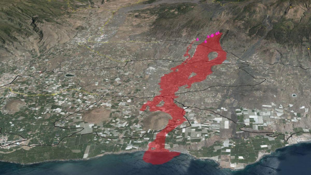 L’amplada de la lava del volcà de La Palma supera el quilòmetre L’amplada de la lava del volcà de La Palma supera el quilòmetre