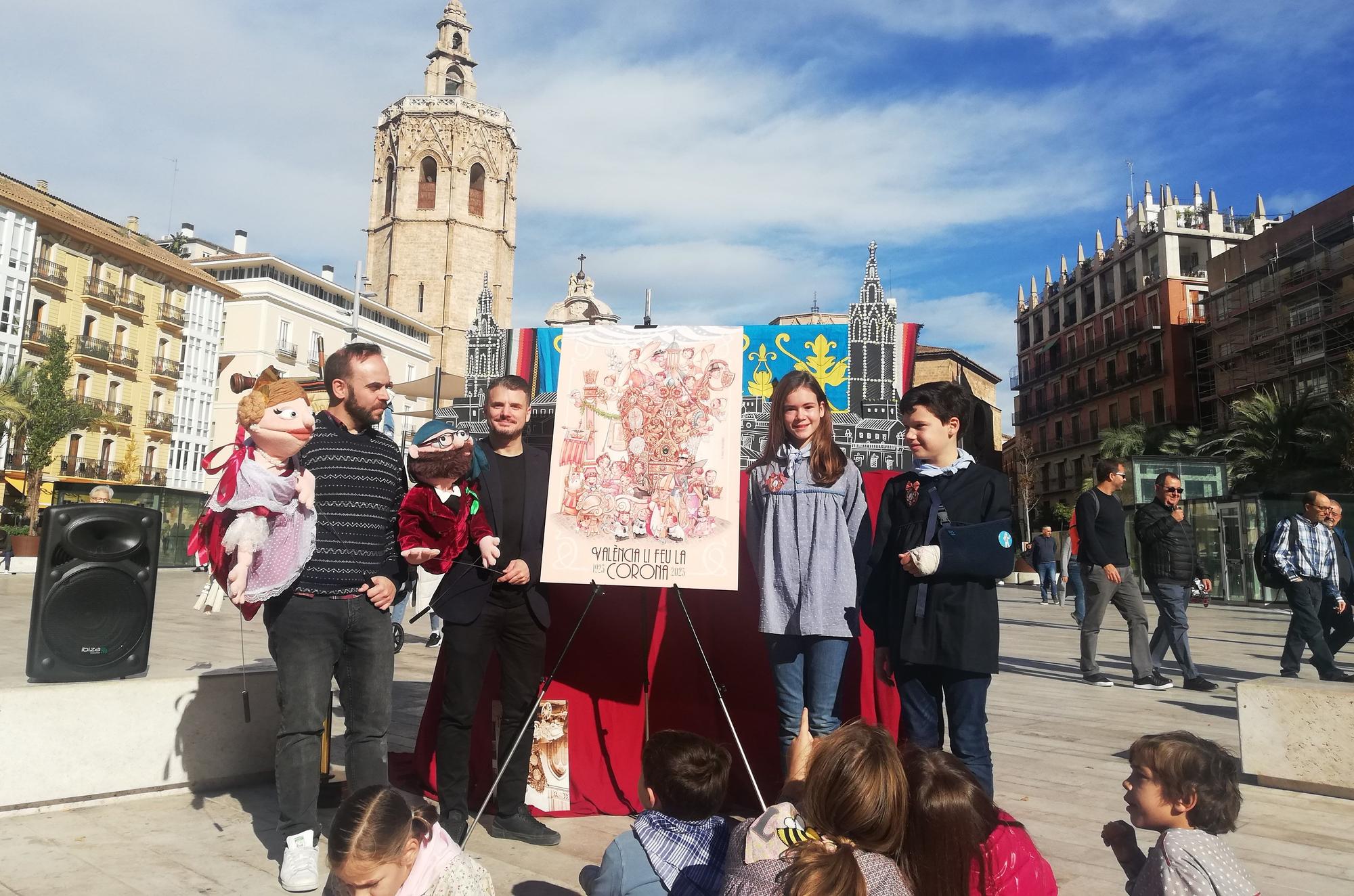 La original presentación del boceto de la falla Reina-Paz de Especial Infantil