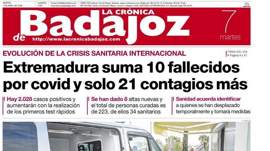 Esta es la portada de LA CRÓNICA DE BADAJOZ correspondiente al día 7 de abril del 2020