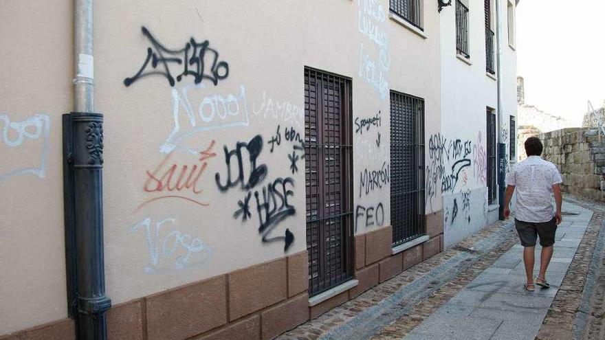 Pintadas en una de las fachadas en las inmediaciones de la plaza de San Isidoro.