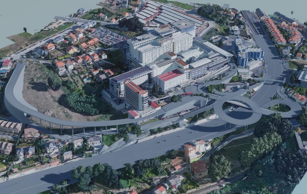 Imagen virtual de los nuevos accesos al Chuac, con el viaducto desde Eirís a la izquierda y la glorieta elevada sobre A Pasaxe a la derecha.