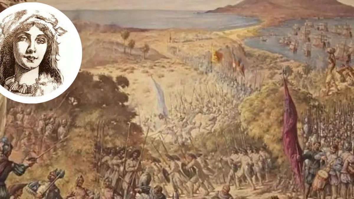 Pintura sobre la conquista de Canarias con la imagen superpuesta de la princesa Guayarmina (Margarita F. Guanarteme)