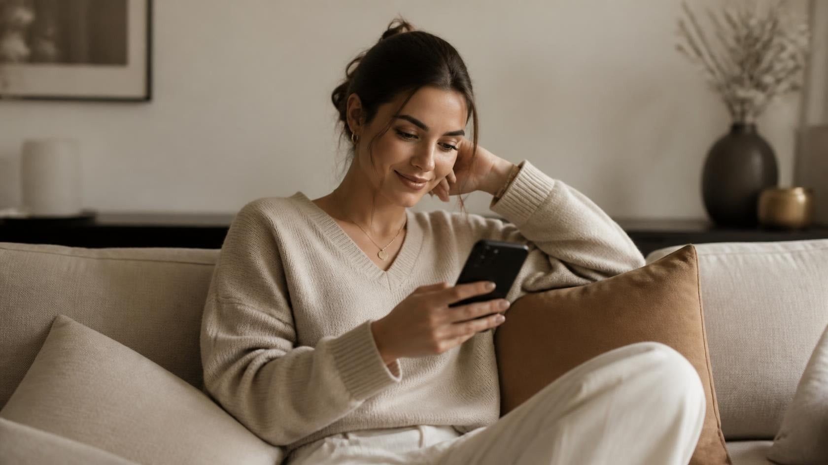 Mujer pensativa mirando su teléfono móvil reflejando la psicología del no contacto sentimental.” title=