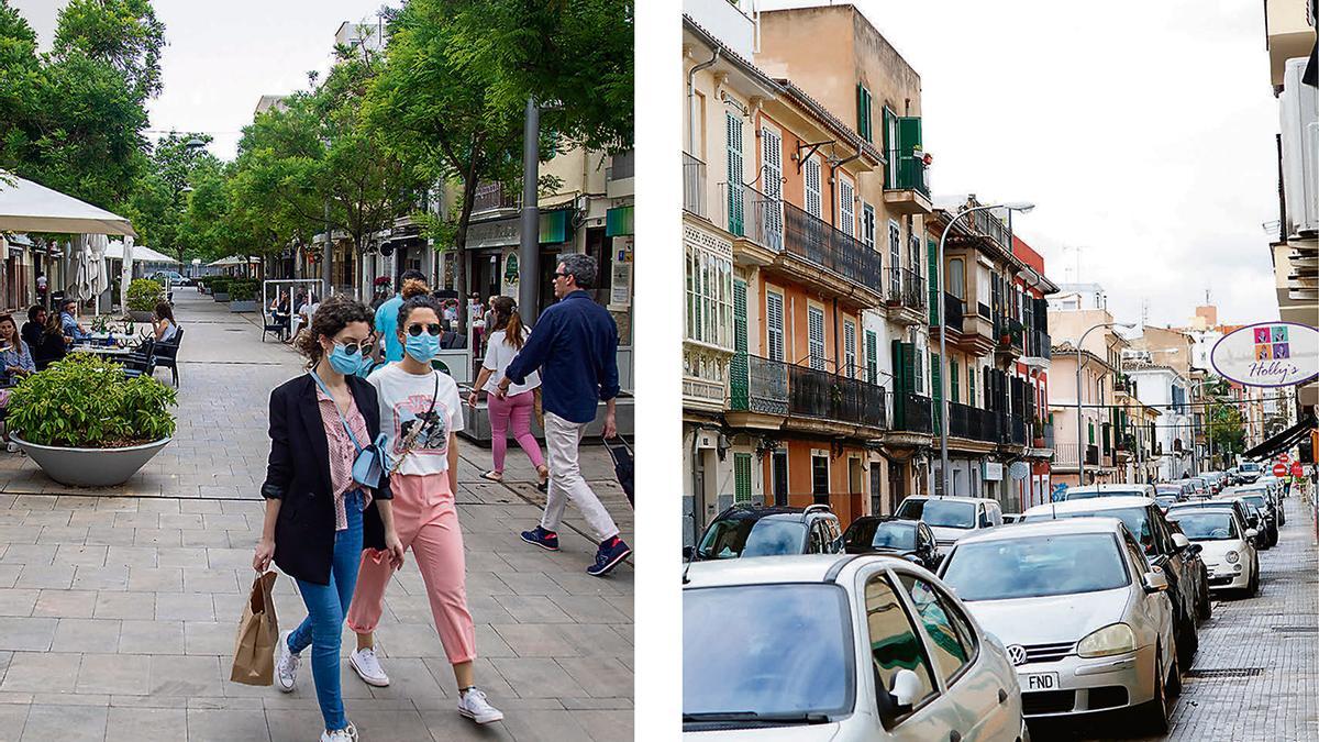 Links: Der Carrer Fàbrica wurde schon vor mehr als zehn Jahren als Fußgänger deklariert. Rechts: Viele Straßen im Viertel sind so eng, dass die Autofahrer zum Teil auf den Gehwegen parken müssen.
