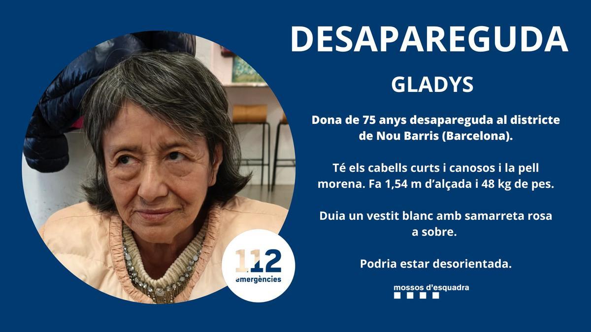 Los Mossos buscan a Gladys, una mujer de 75 años desaparecida en Nou Barris