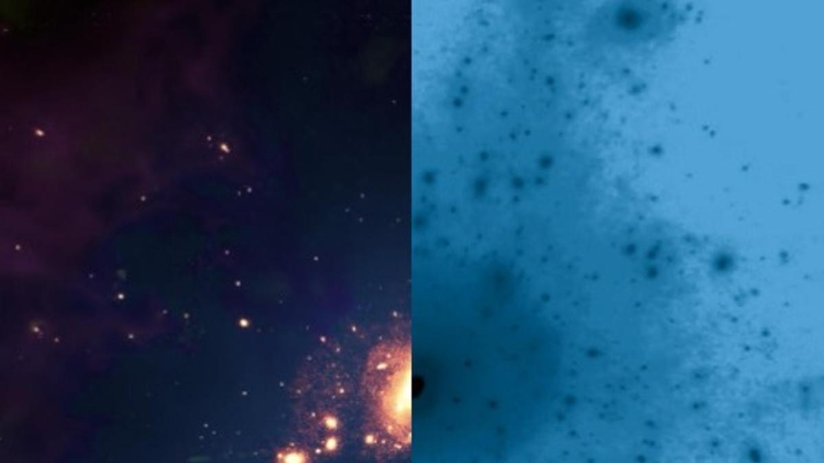 La componente estelar de una galaxia (izquierda) es solo una pequeña parte de la masa total que está en gran parte compuesta por la materia oscura (derecha) y gas tenue pero a muy alta temperatura (en verde, también a la izquierda). El balance entre todas estas fases está últimamente regulado por la actividad de los agujeros negros.