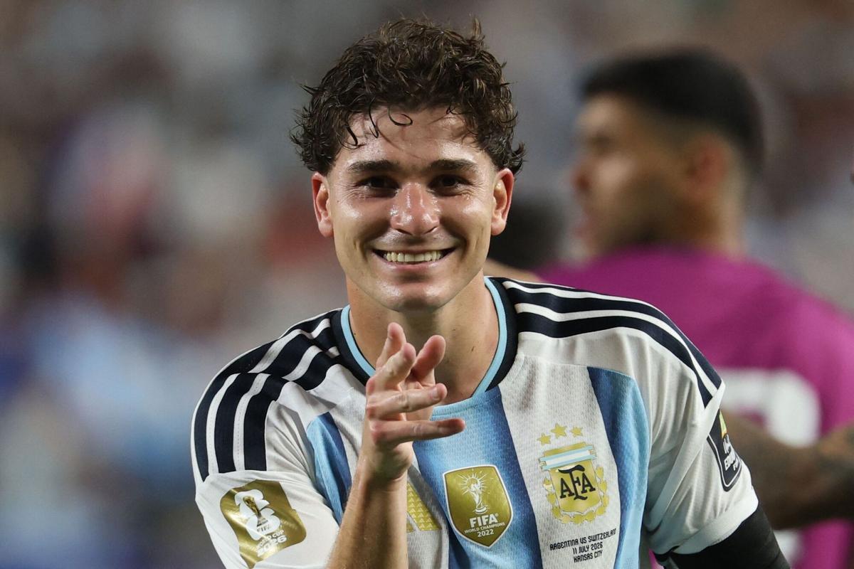 Aregentina's forward #09 Julian Alvarez celebrates scoring his team's second goal during the 2026 World Cup football tournament quarter-final match between Argentina and Switzerland at the Kansas City Stadium in Kansas City on July 11, 2026. (Photo by Odd ANDERSEN / AFP)