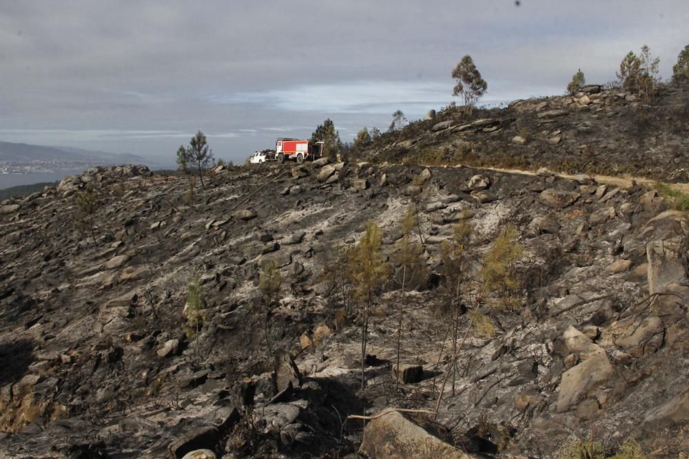 Incendios en Galicia | Un incendio nocturno quema 15 hectáreas en Domaio sobre el puente de Rande