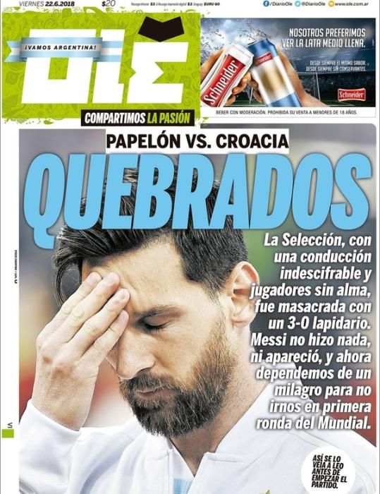 Portada OLÉ viernes 22 de junio de 2018