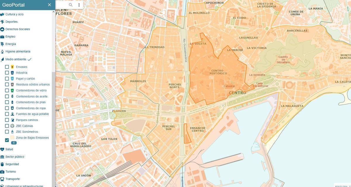 Captura del Geoportal del Ayuntamiento de Málaga con la Zona de Bajas Emisiones.
