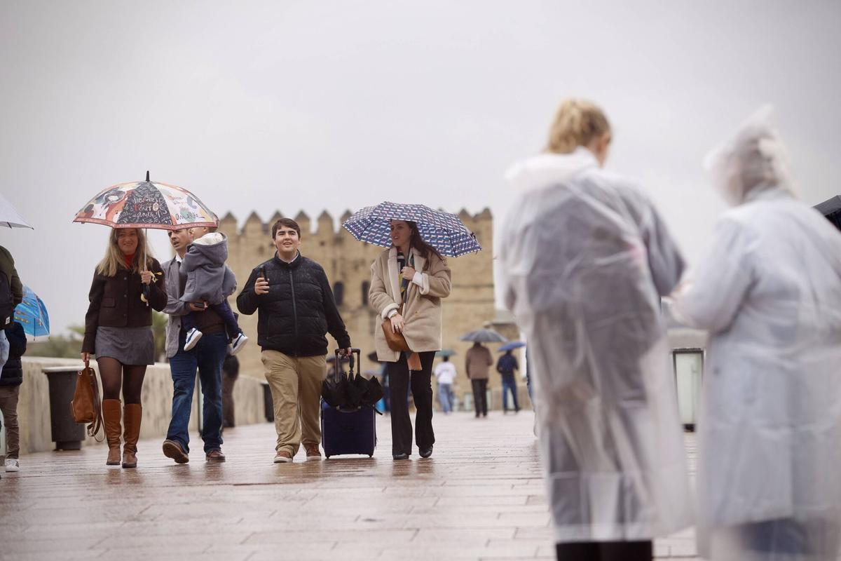 Lluvia en Córdoba, paraguas zona Puente Romano y Mezquita