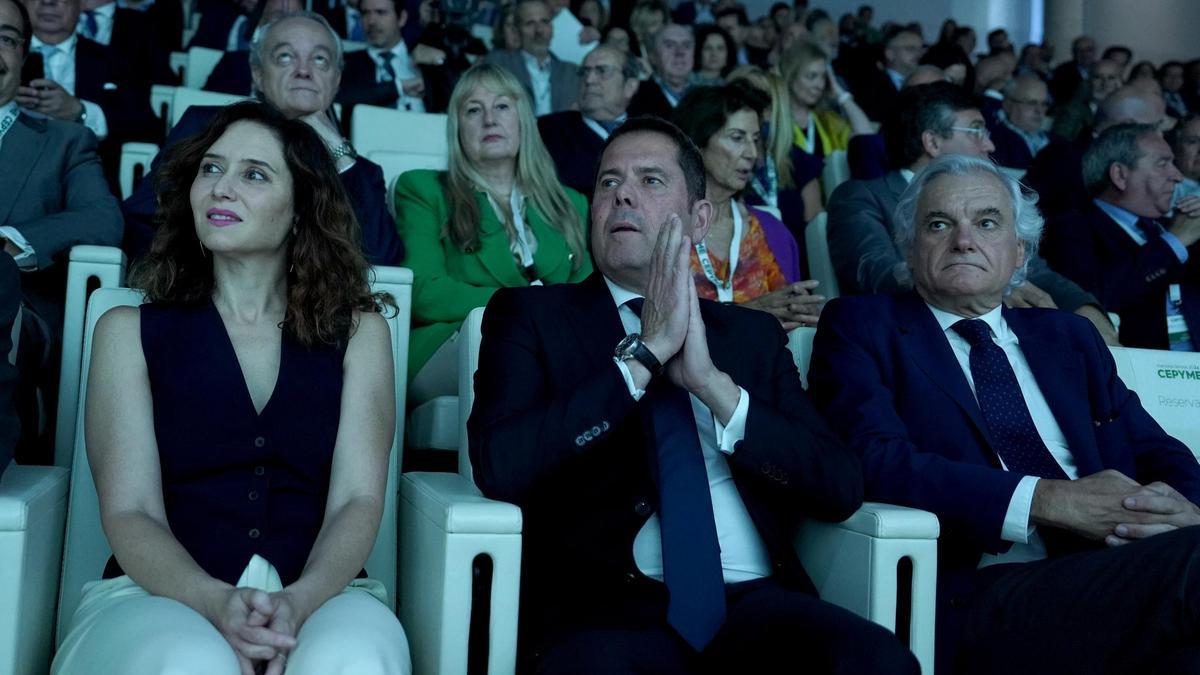 Isabel Díaz Ayuso, presidenta de la Comunidad de Madrid y Gerardo Cuerva, presidente de Cepyme, en la Asamblea General Cepyme 2024.