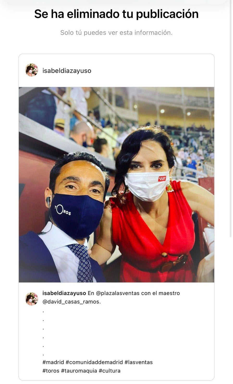 Instagram censura una foto de Isabel Díaz Ayuso por violencia gráfica extrema