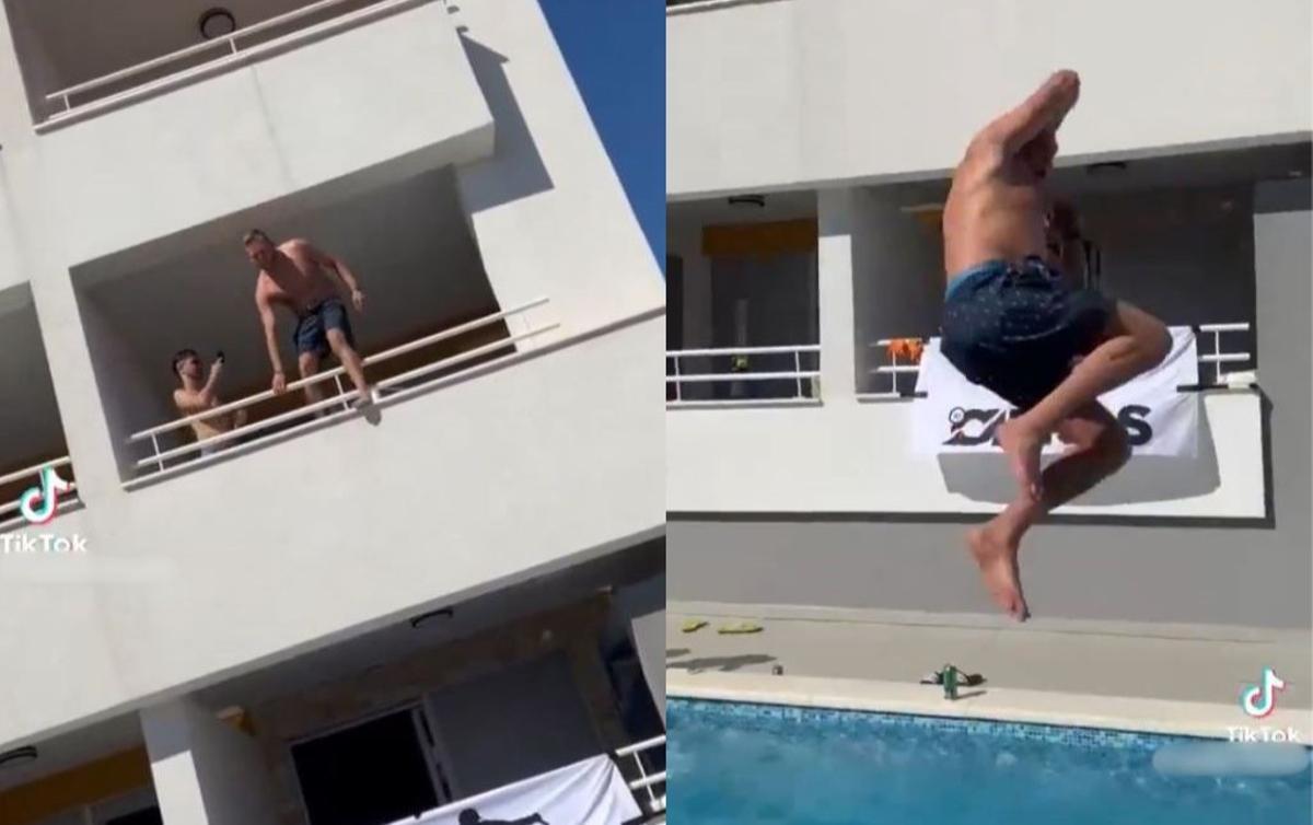 Das kann teuer werden: Hier spring ein Urlauber in den Hotelpool.
