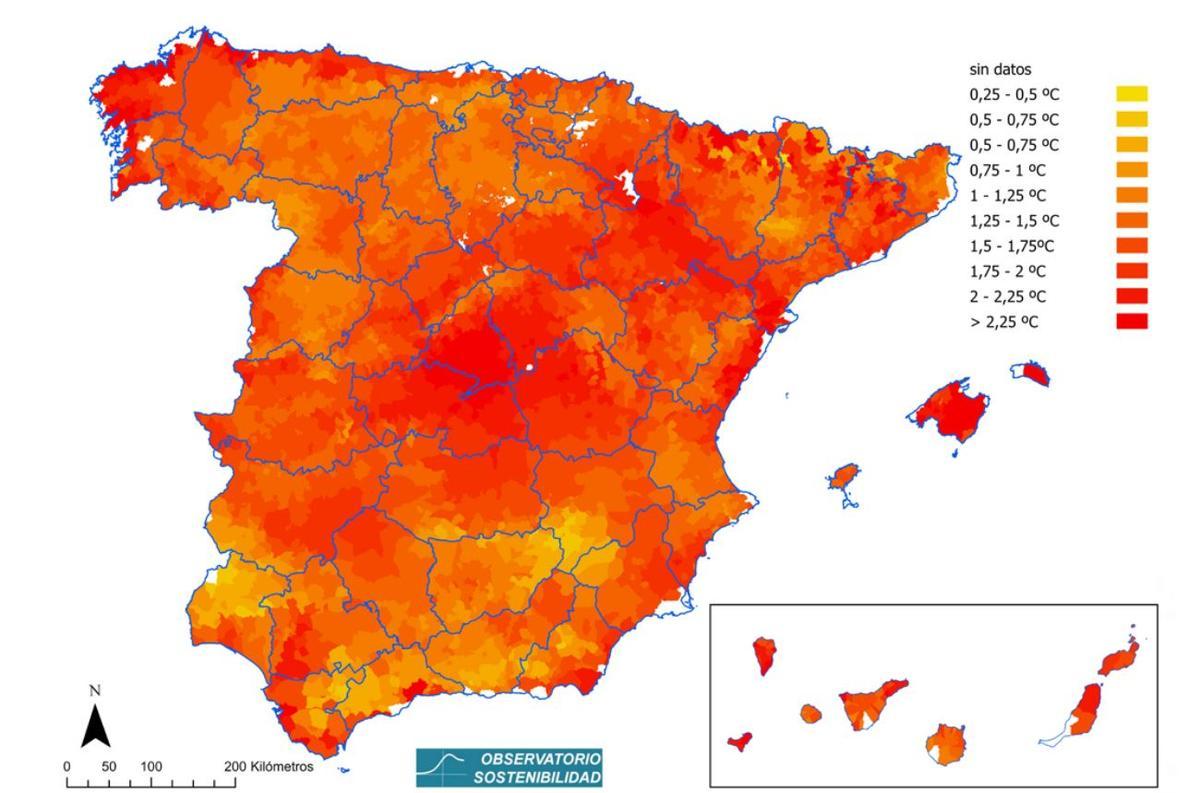 Mapa que recoge los aumentos de temperatura desde 1960