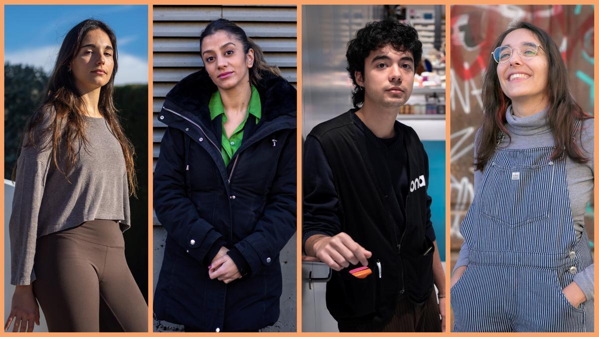 De izquierda a derecha, Alba Segarra (26 años), Sukaina Fares (29), Jun Komura (20) y Núria Coma (24), jovenes que relatan el sentir de toda una generación.