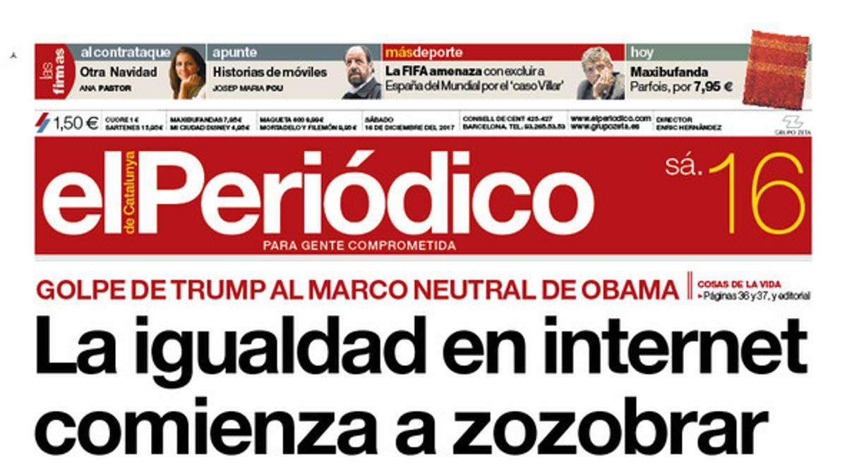 La portada de EL PERIÓDICO del 16 de diciembre del 2017