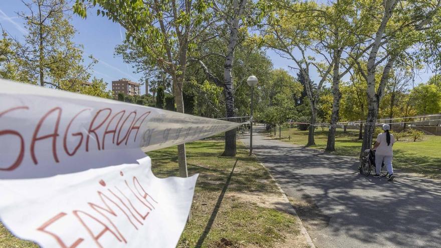 Las hogueras se cogen parcelas en el parque Lo Morant para tener ya reservado su sitio para paellas