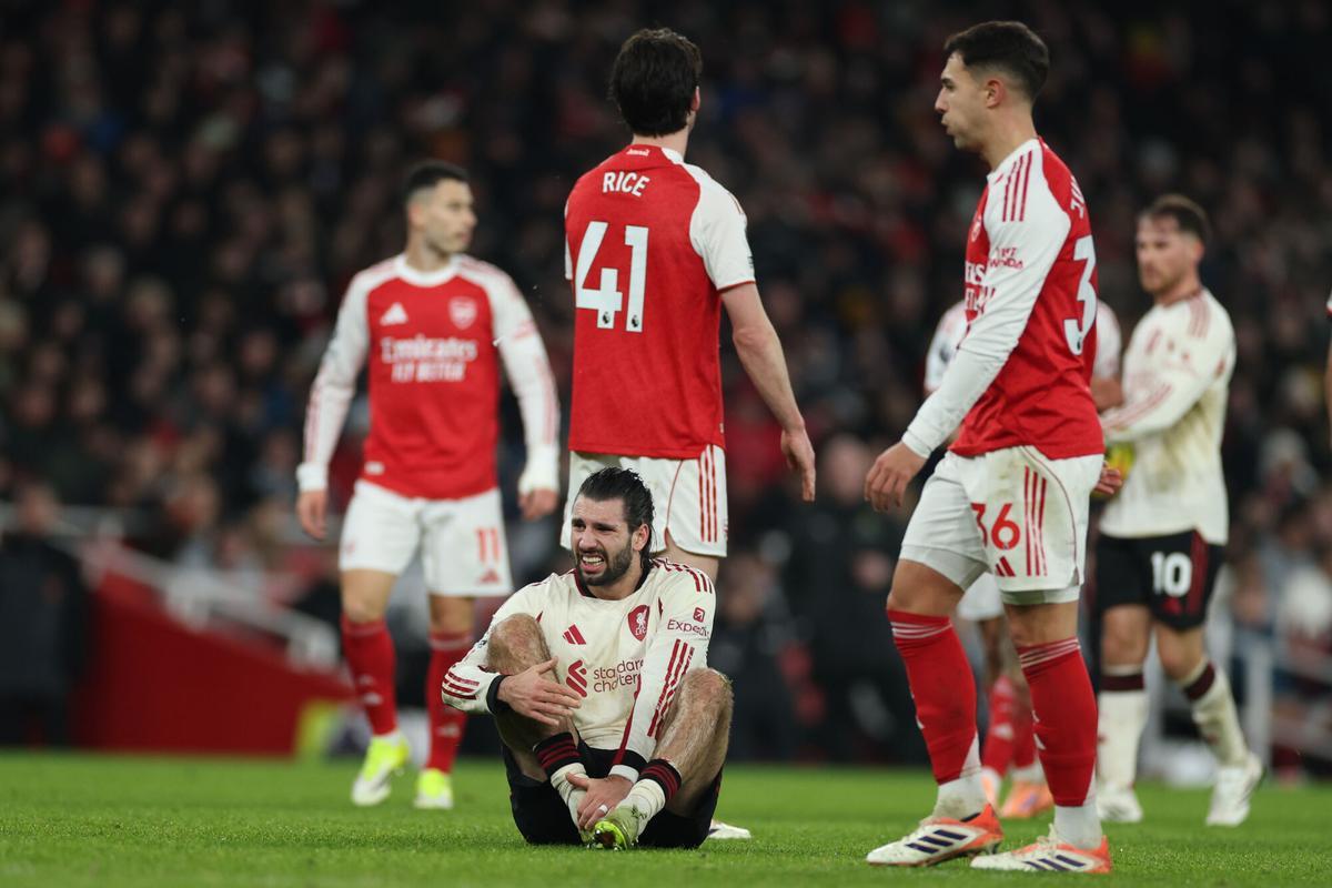 Liverpool's Dominik Szoboszlai reacts during the English Premier League soccer match between Arsenal and Liverpool in London, Thursday, Jan. 8, 2026. (AP Photo/Ian Walton)
