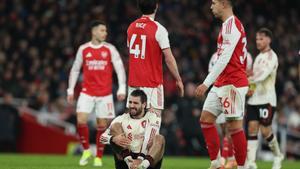 Liverpools Dominik Szoboszlai reacts during the English Premier League soccer match between Arsenal and Liverpool in London, Thursday, Jan. 8, 2026. (AP Photo/Ian Walton)