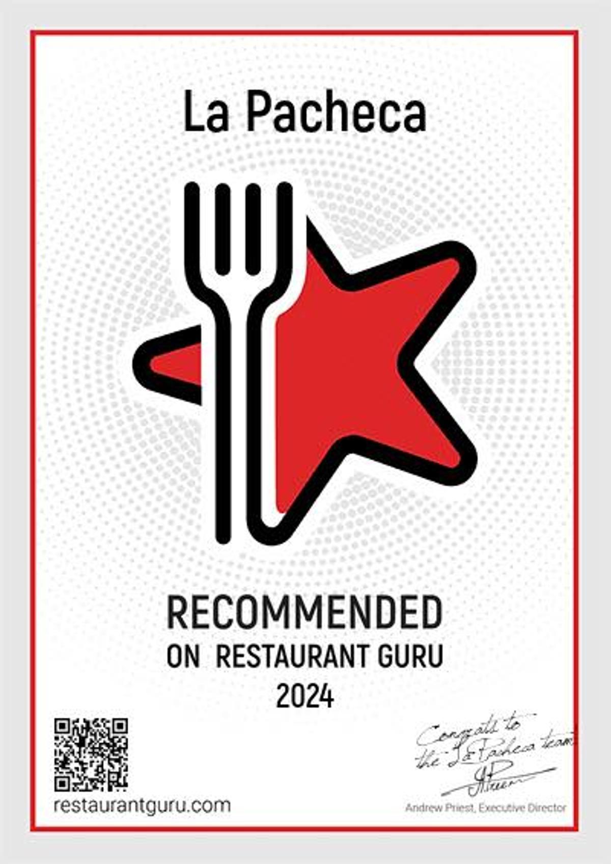 La Pacheca, recomendada por Restaurant Guru 2024.