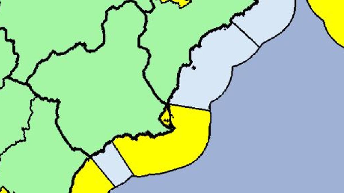 Mapa de la Aemet con las zonas en alerta (color amarillo).