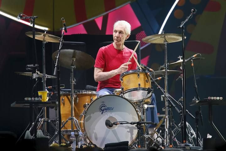 Charlie Watts of British veteran rockers The Rolling Stones performs with his band members Mick Jagger, Keith Richards, and Ronnie Wood during a concert on their "Latin America Ole Tour" in Santiago