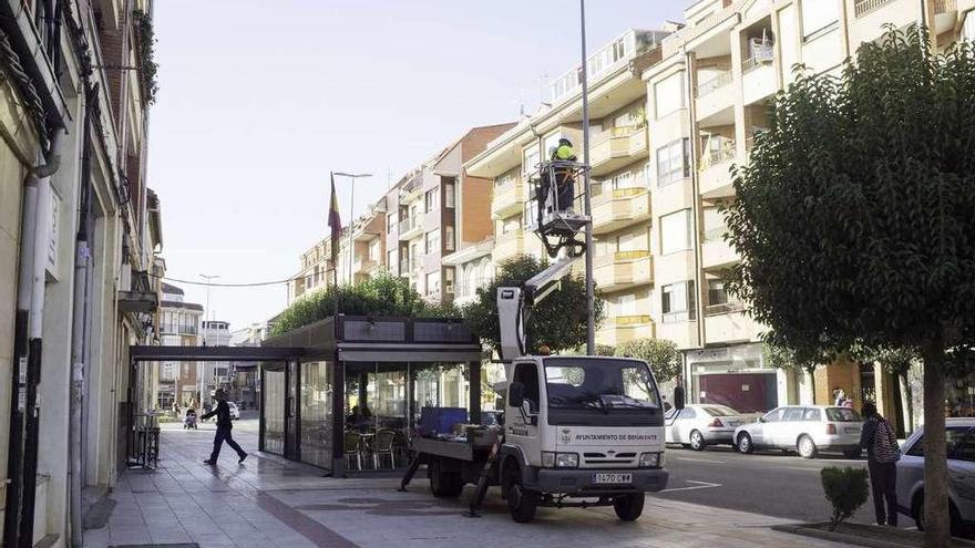 Operarios municipales instalando las nuevas luminarias led.