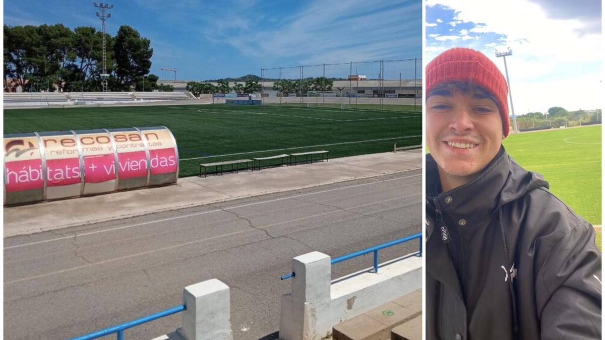 A la izquierda, el campo de fútbol José Mangriñán, donde ocurrió la agresión. A la derecha, Luisma Muñoz, el joven entrenador agredido