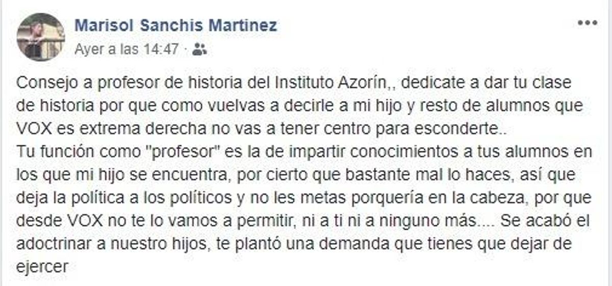 Una dirigente de Vox amenaza a un profesor de Petrer: «No vas a tener centro para esconderte»