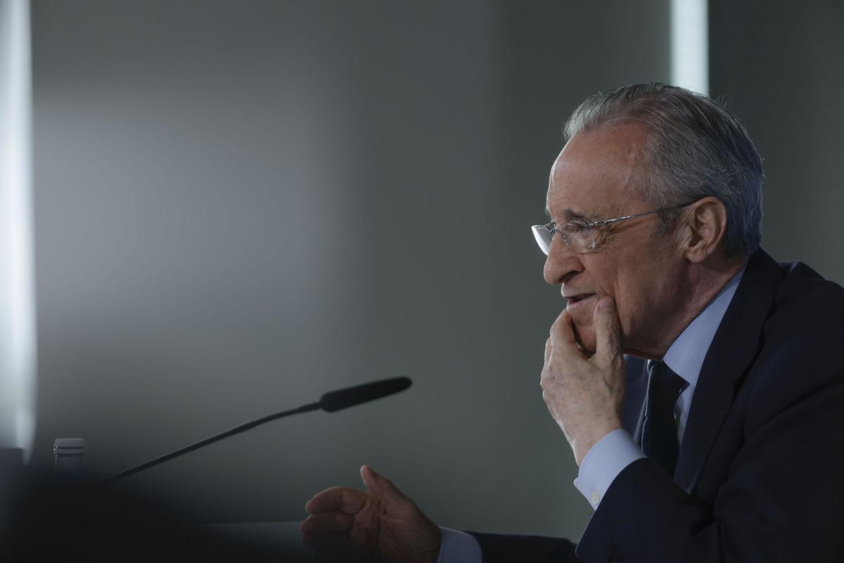 El presidente del Real Madrid, Florentino Pérez, en la rueda de prensa este martes, en Madrid. EFE/ Juanjo Martín