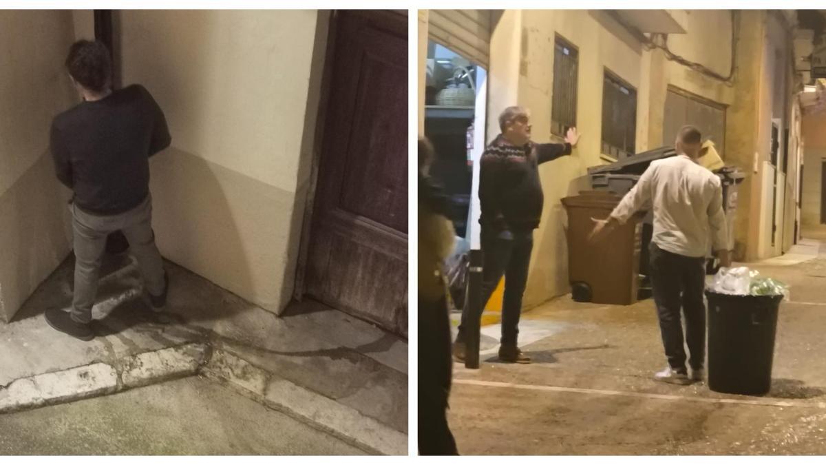 A la izquierda, un hombre orinando en plena calle en la zona del Mercat de Xàtiva. A la derecha, un vecino habla con un hombre que va a tirar residuos a contenedores ya repletos.
