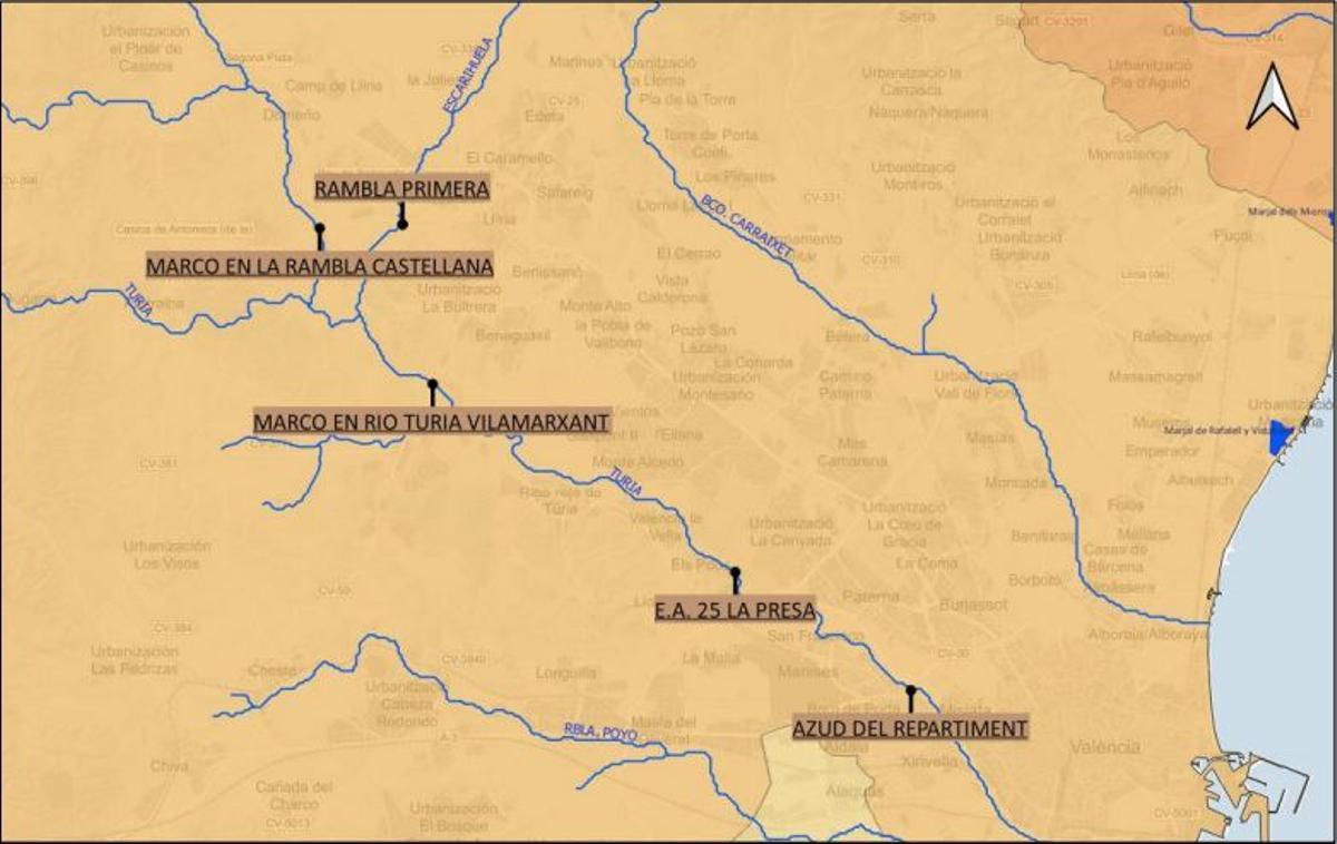 Mapa con los puntos de recogida de caudal en el Túria.