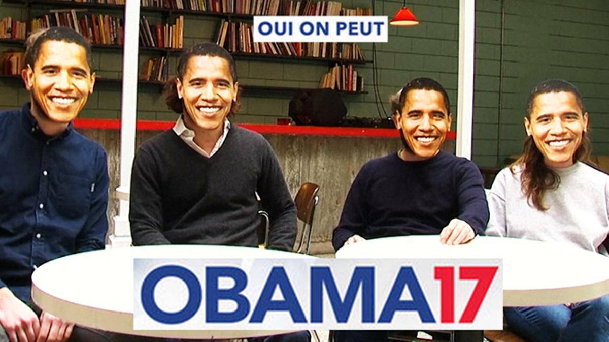 Quatre activistes que somien tenir Barack Obama com a president de la República llueixen caretes amb la cara de l’antic inquilí de la Casa Blanca.