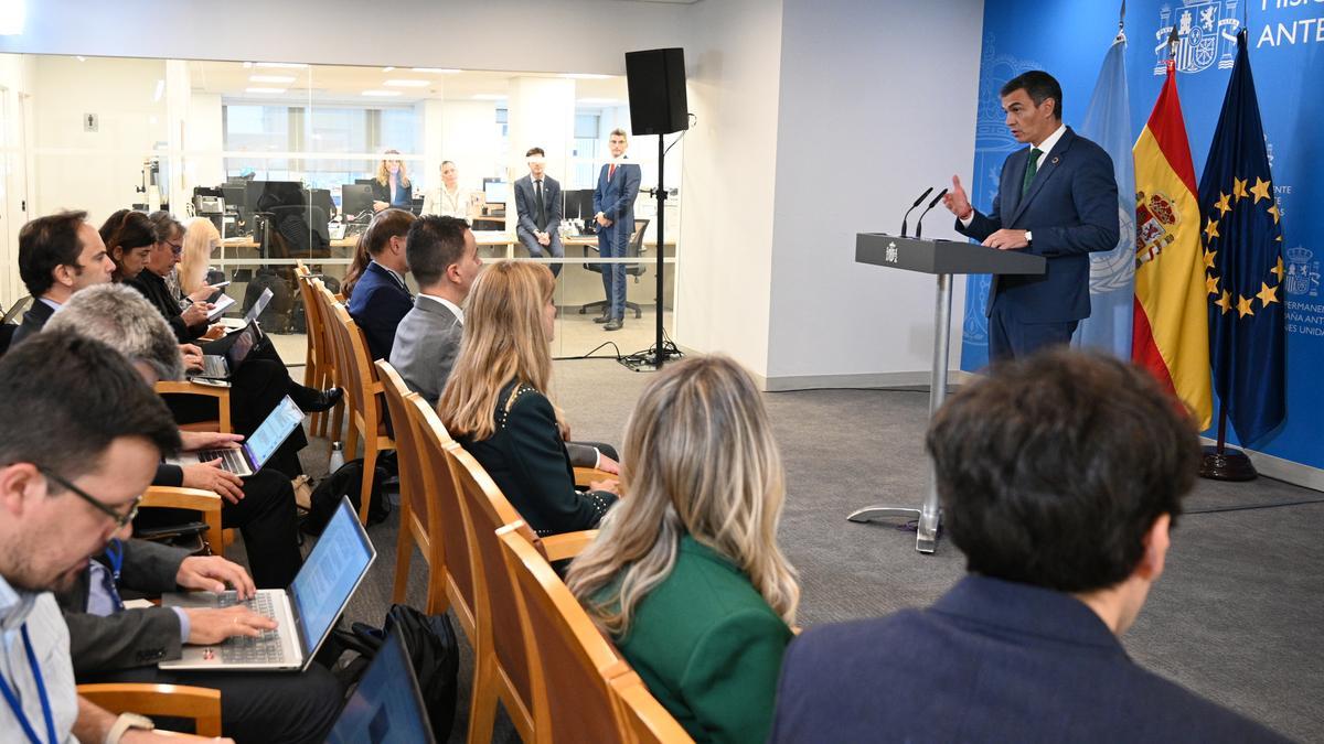 El presidente del Gobierno, Pedro Sánchez, comparece ante los medios el pasado jueves en la sede de la Representación Permanente de España ante la ONU.