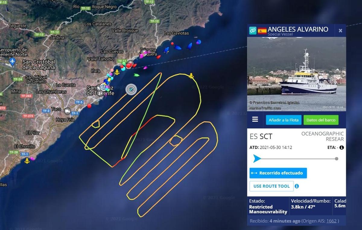 Captura de pantala del programa Marine Traffic donde se aprecia el rastreo en zigzag del 'Angeles Alvariño' frene a Santa Cruz de Tenerife