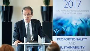 El presidente de CaixaBank, Jordi Gual, durante la conferencia anual de la Agrupación Europea de Cajas de Ahorro y Bancos Minoristas.