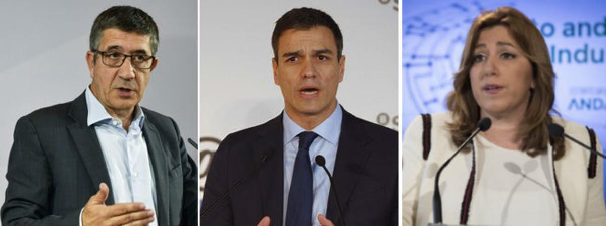 Patxi López, Pedro Sánchez y Susana Díaz, los tres precandidatos a las primarias del PSOE.