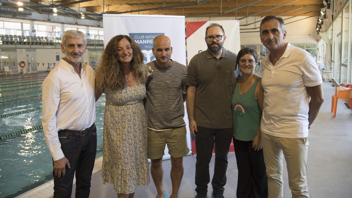 Albert Estiarte, Montse Gomariz, Pere Guardiola, Ferran Sarrió, Judit Farell i Manel Estiarte, aquest dimarts a la tarda a les piscines