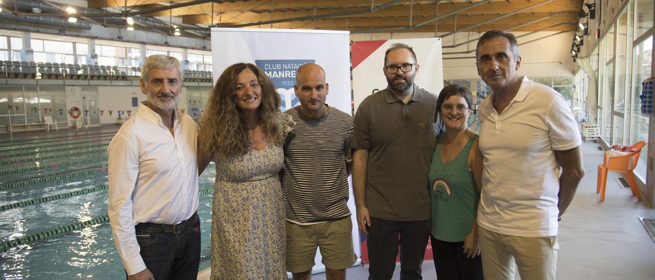 Albert Estiarte, Montse Gomariz, Pere Guardiola, Ferran Sarrió, Judit Farell i Manel Estiarte, aquest dimarts a la tarda a les piscines