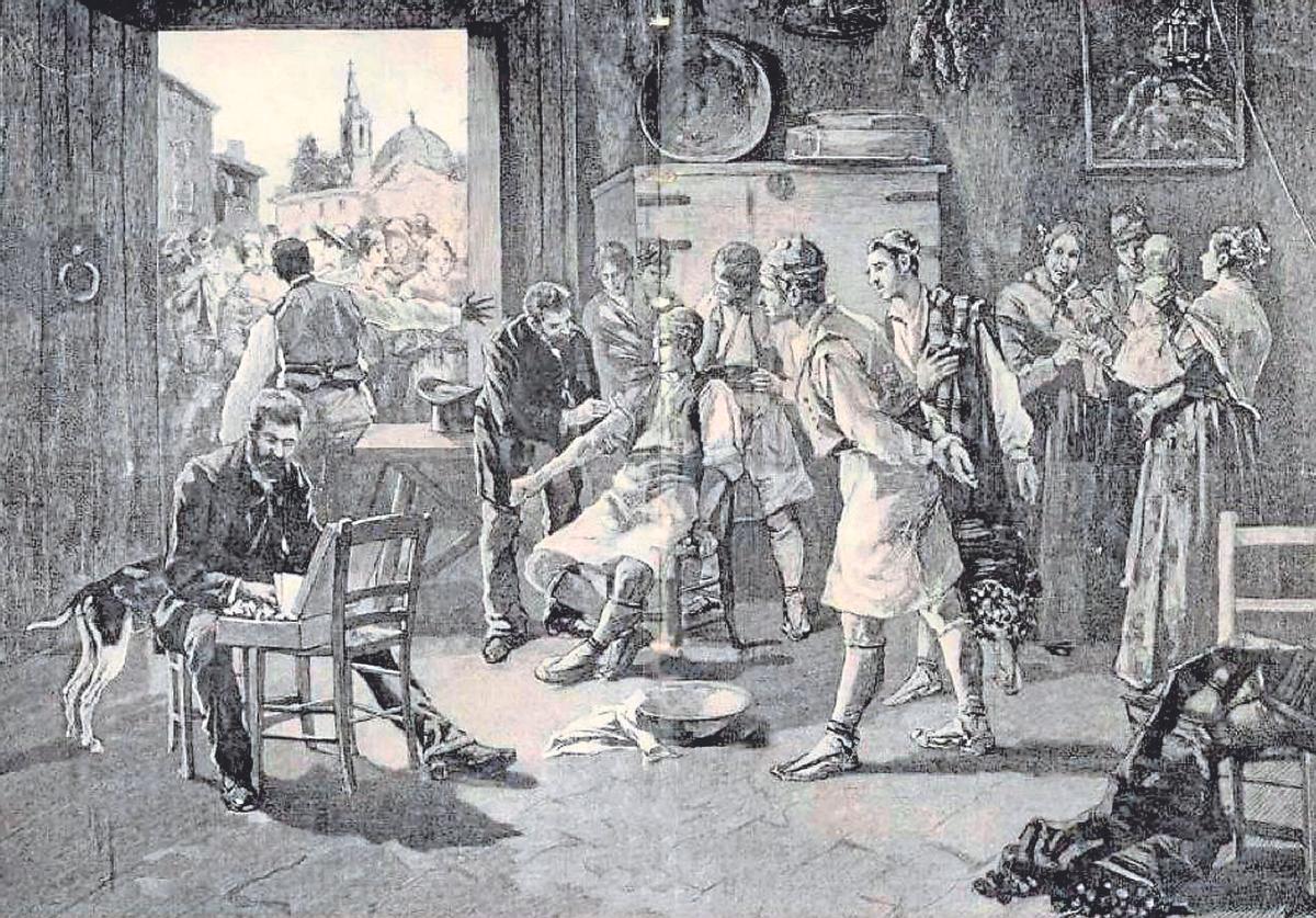 Gravat que il·lustra la vacunació contra el còlera a Alzira, a càrrec del doctor Ferran, l’any 1885.